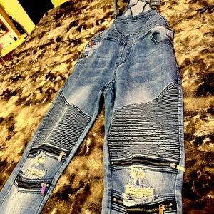Women’s Distressed Biker Style Moto Ribbed Skinny Denim Overalls